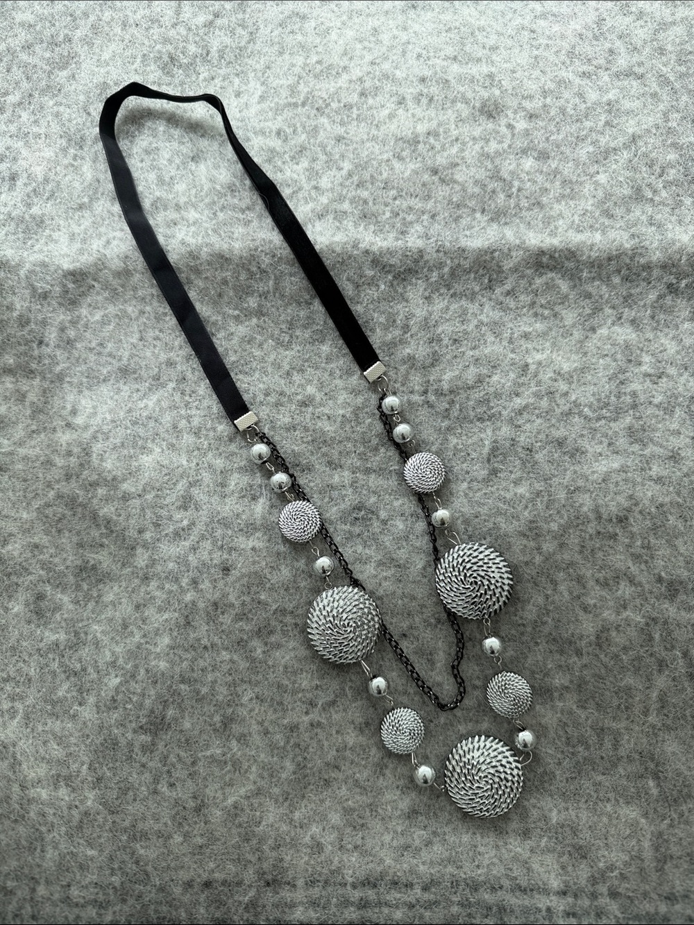 Silver Multi-Disc Statement Necklace with Black Ribbon